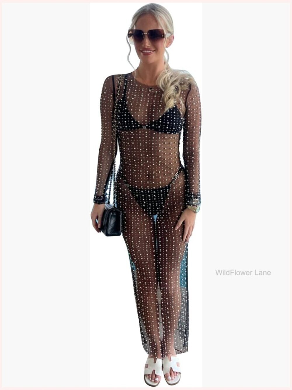 Sexy Pearl See Through Mesh Long Sleeve Crop Top Rhinestone Blouse